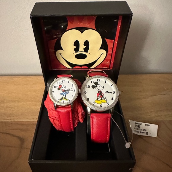 Set of 2 Disney His/Hers Mickey & Minnie Mouse Watches w/ Red Leather Straps - Picture 2 of 4